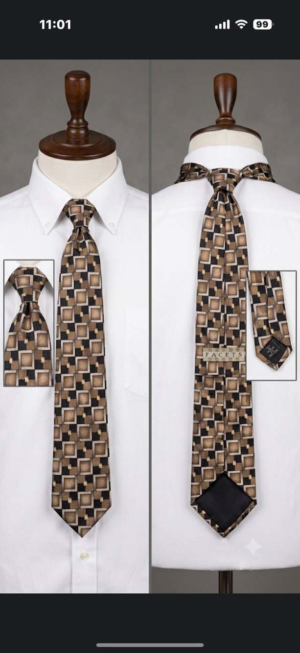 Facets Men's Geometric Pattern Silk Necktie Brown Black